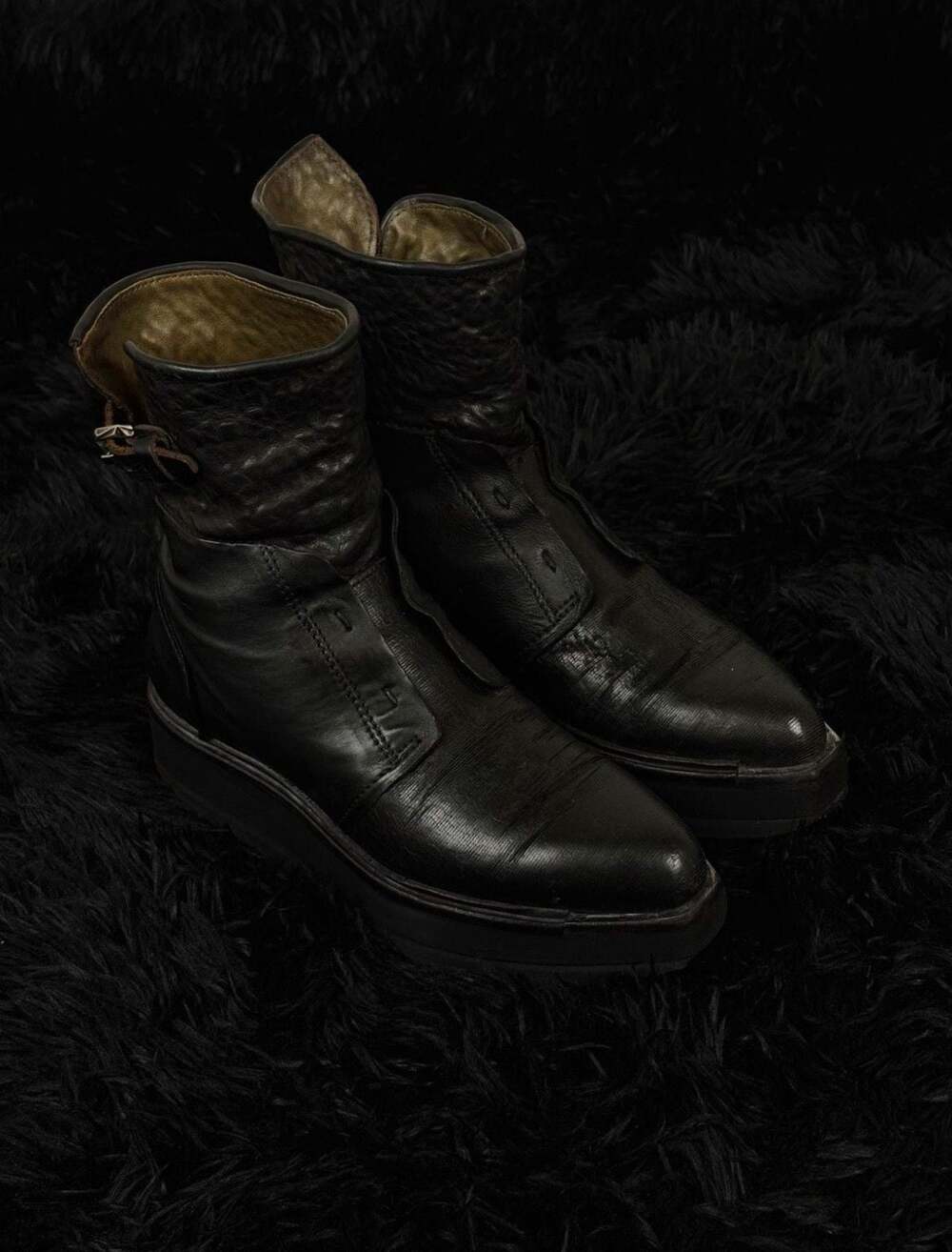 A.S.98 Distressed Leather Back-Zip Ankle Boots with Square Toe and Buckle Detail